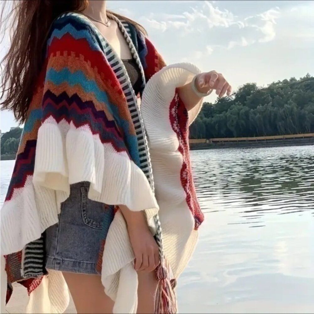 Knitted  Geometric Chevron Tassel Shoulder Shawl Cape  Poncho